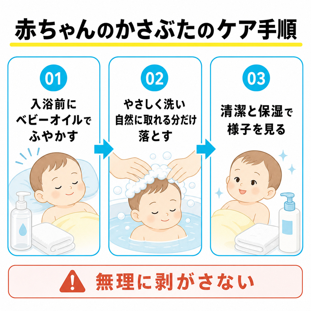 赤ちゃんの頭皮のかさぶたを入浴前にふやかし自然に取れる分だけ落として清潔と保湿で整えるケア手順を示した図
