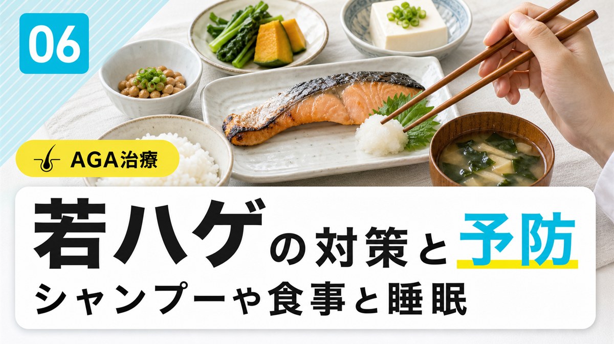若ハゲの対策と予防としてシャンプーや食べ物と睡眠や生活習慣を解説する見出しイメージ
