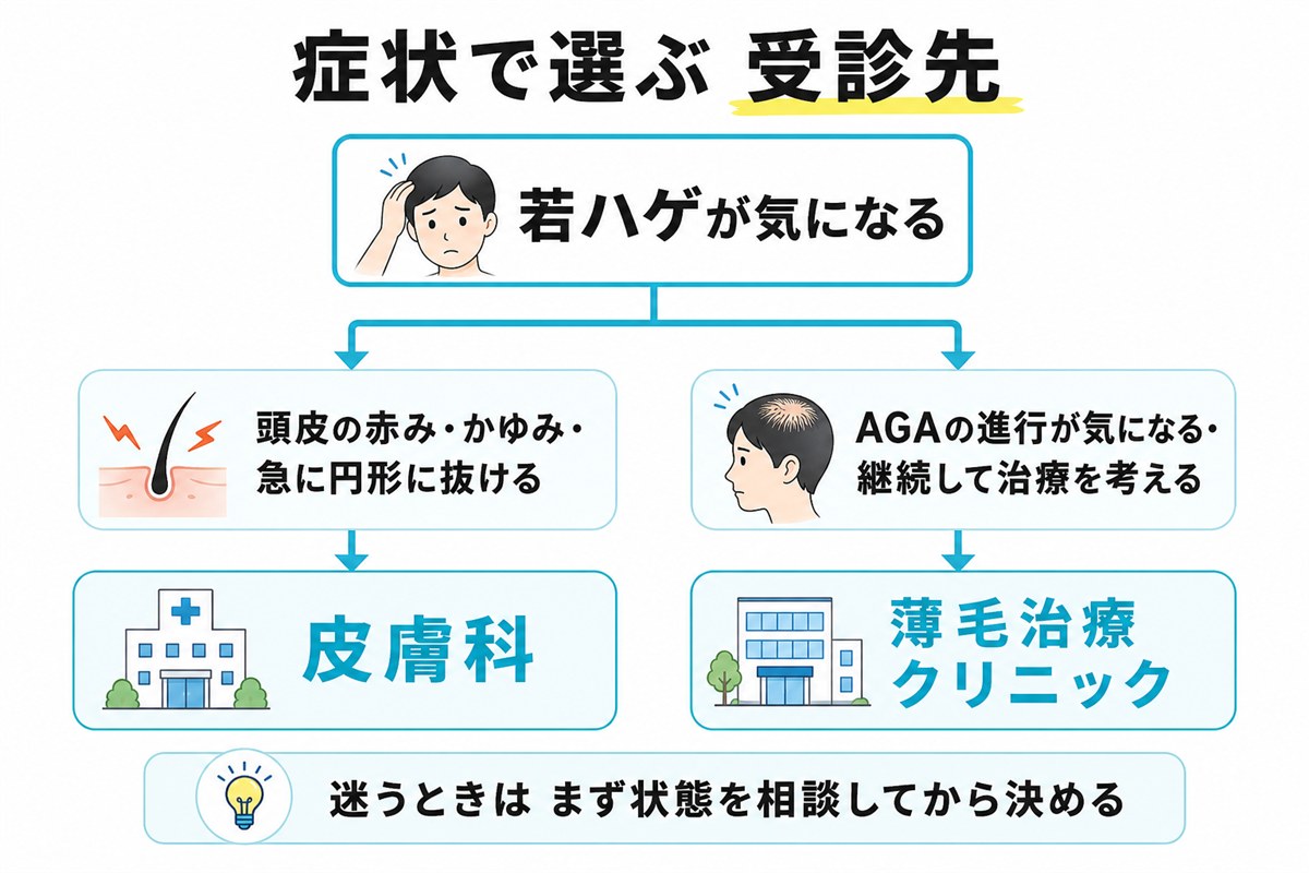 症状によって皮膚科か薄毛治療クリニックかを選ぶ受診先の分岐の図解