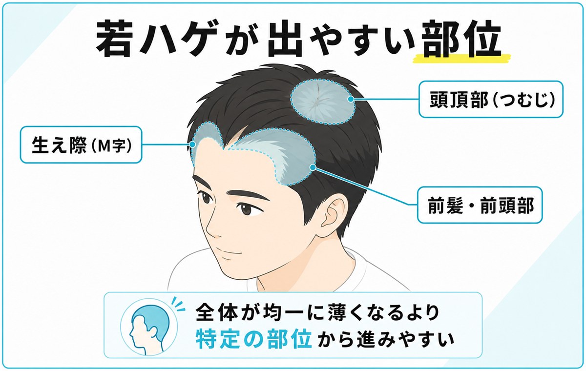 若ハゲが進行しやすい生え際や前髪と頭頂部の部位を示す頭部の図解