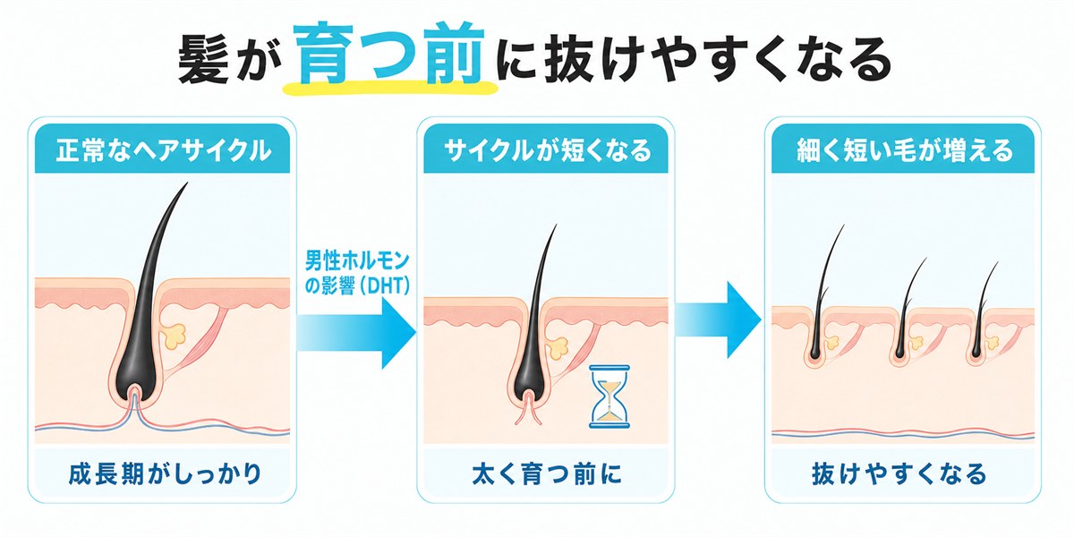 男性ホルモンの影響でヘアサイクルが乱れ髪が育つ前に抜けやすくなる流れの図解