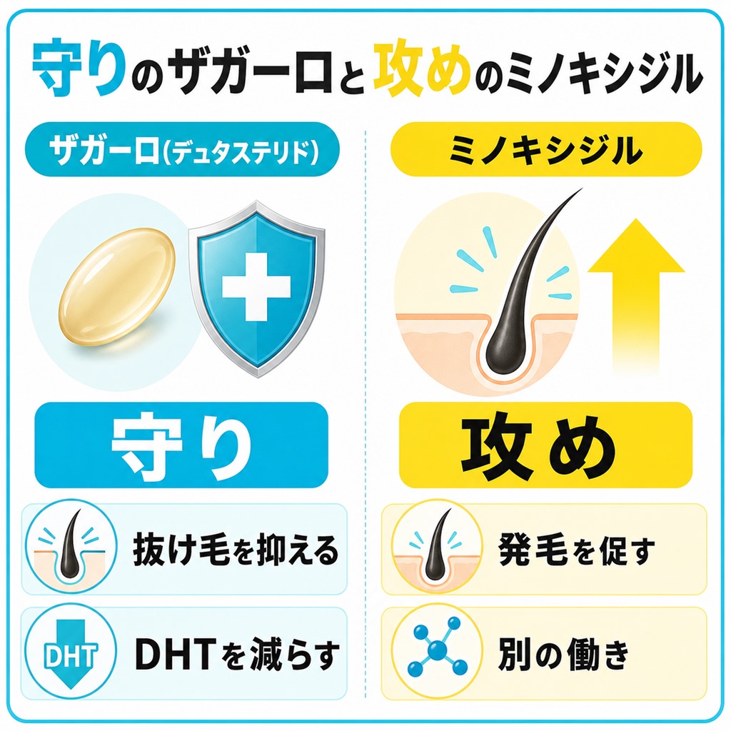 抜け毛を抑える守りのザガーロと発毛を促す攻めのミノキシジルの役割の違いを並べた図
