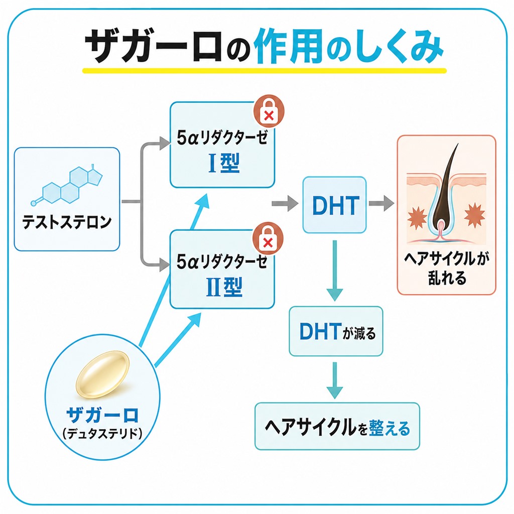 テストステロンが5α還元酵素I型とII型でDHTに変わりザガーロの有効成分デュタステリドが両方を阻害する流れを示した図