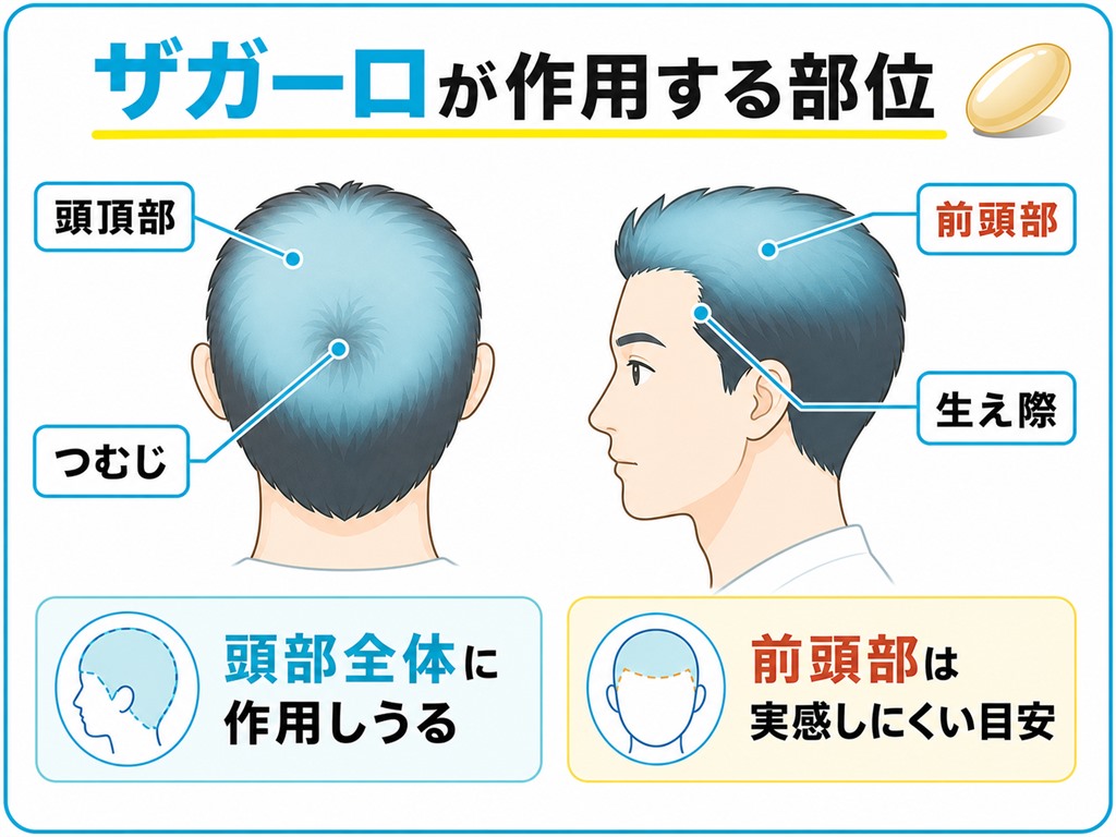 生え際と前頭部や頭頂部とつむじなど頭部の部位とザガーロが作用する範囲を示した図