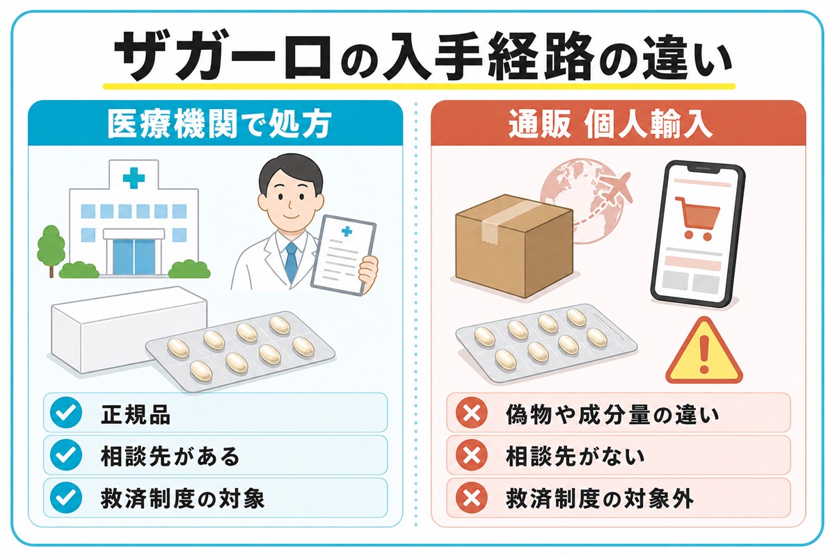 医療機関での正規処方と通販や個人輸入を正規品か偽物かや相談先と救済制度の有無で対比した図