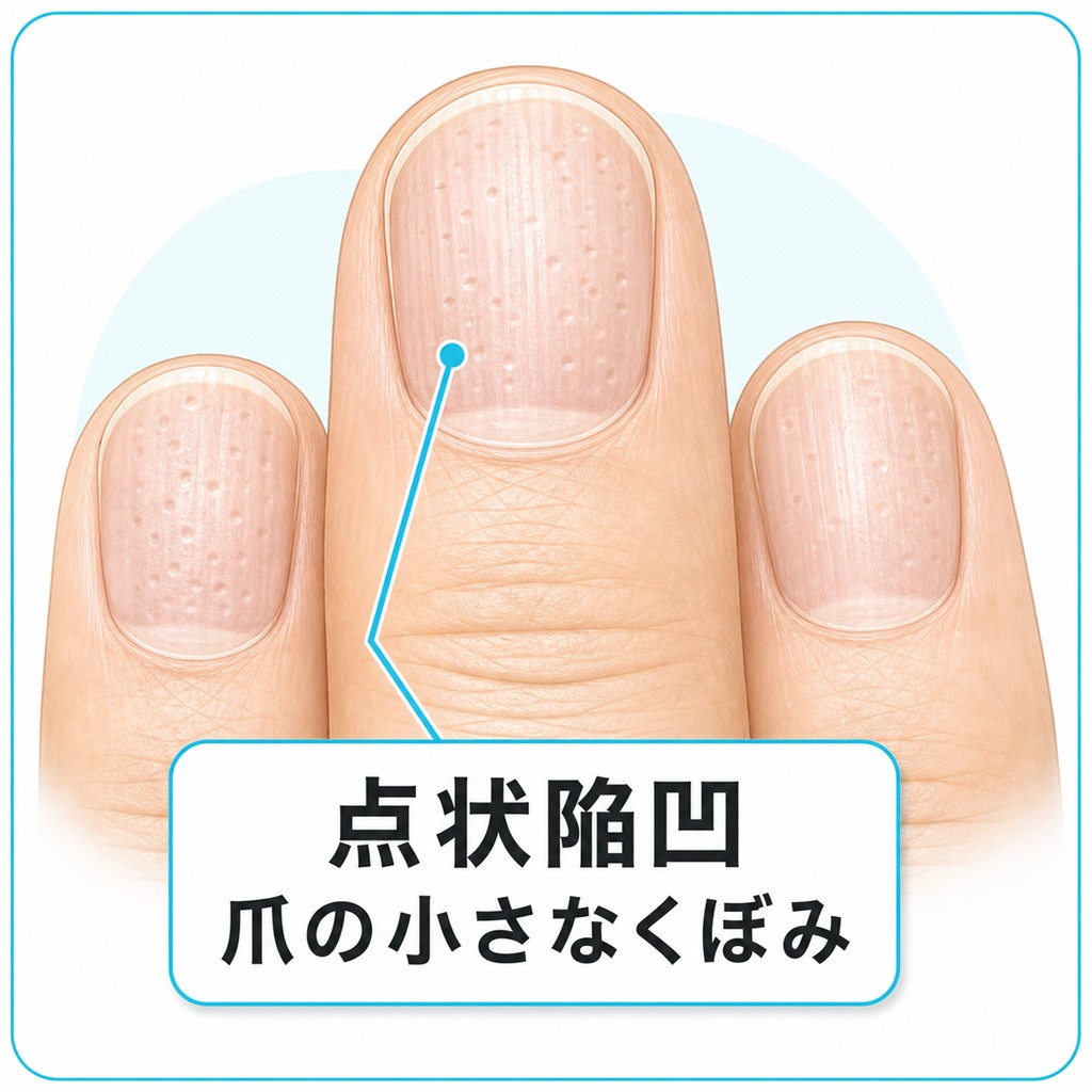 爪の表面に小さなくぼみが多数できる点状陥凹を示した拡大イラスト図
