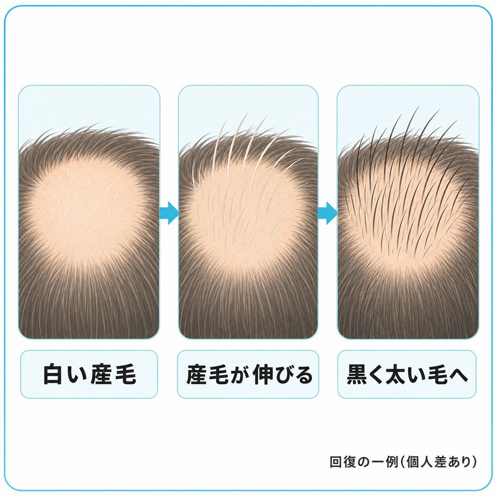 白い産毛から伸びて黒く太い毛に育つ円形脱毛症の回復の3段階を示した図
