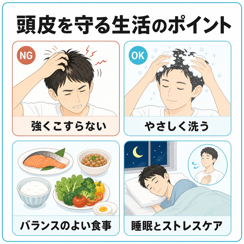 頭皮をやさしく洗う・バランスのよい食事・睡眠・刺激を避けるなど円形脱毛症で意識したい生活ケアを並べた図